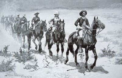 砂漠を行進するアメリカの「バッファローソルジャー」（1888年の図面より）（エングレーヴィング 作： Frederic (after) Remington