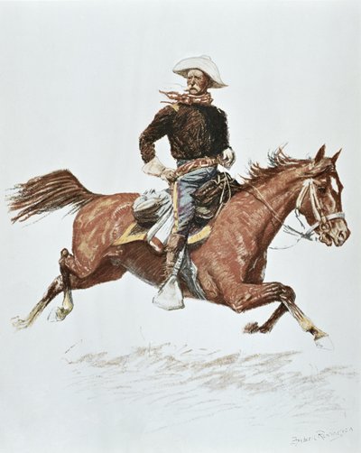 1870年代のキャンペーンドレスを着たアメリカ騎兵隊員（カラーリトグラフ 作： Frederic (after) Remington