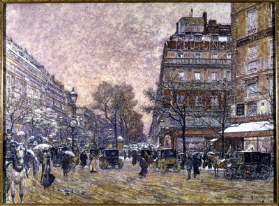 雪が降るルモワーヌ枢機卿の交差点、パリ 作： Frederic Anatole Houbron