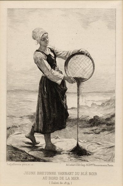 1874年にカダートによって彫刻された、海辺でソバを吹く若いブルトンネ（印刷） 作： Frederic Auguste Laguillermie