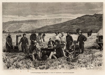 1870年から1872年にかけて、ヘイデン、ドーン、ラングフォードの各氏が米国国立公園を訪れて行った一連の地理的任務を描いたラギレルミーの絵の後にエッチングされた、平原の中に米国の地質学的任務が若々しく描かれています（出版されています）。 作： Frederic Auguste Laguillermie