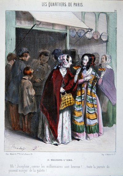 サン・ドニ大通りでケーキを食べる2人のパリジャン（「Les Quartiers de Paris」シリーズのイラスト）（カラーリトグラフ版 作： Frederic Bouchot