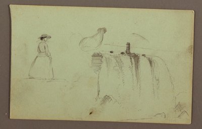 歩く少女、しゃがむニワトリ、ナイアガラ川のアメリカ滝 作： Frederic Edwin Church