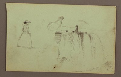 デッサン、歩く少女、しゃがむ鶏、ナイアガラ川のアメリカ滝、おそらく1856年 作： フレデリックエドウィン教会
