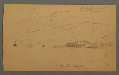 ドローイング、家々のある湾、背後の山々、1868年1月 作： フレデリックエドウィン教会