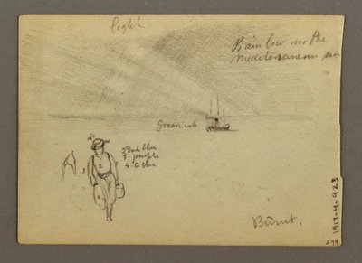 デッサン、水辺の城、ボート、木々、おそらく1868年 作： Frederic Edwin Church