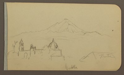 素描、カテドラル、山、クアウトラ；裏面：家、教会、木 クアウトラ、1885年2月 作： フレデリックエドウィン教会