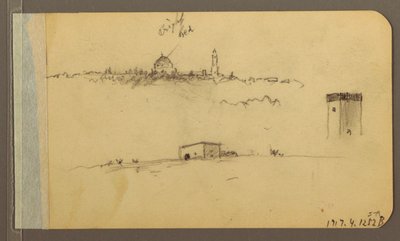 素描、教会、塔、家屋；裏面：山脈、1889年 作： Frederic Edwin Church