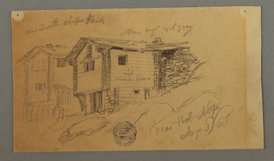 デッサン、山小屋、家、岩の細部、スイス、ベルナー・アルプス、1868年9月3日 作： フレデリックエドウィン教会