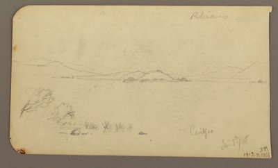 デッサン、人物と牛車、ヒノキ、裏面：キュイッツェオ湖対岸の眺め、1885年1月 作： Frederic Edwin Church