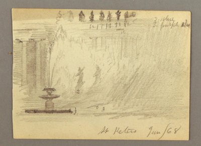デッサン、サン・ピエトロ大聖堂広場の噴水、ローマ、イタリア、1868年1月 作： Frederic Edwin Church