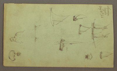 素描、男の頭部、喫煙する男、帆船研究、家、1868年5月27日 作： フレデリックエドウィン教会