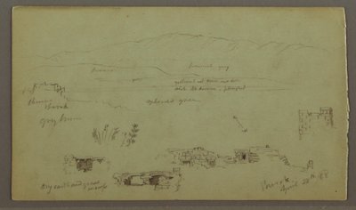 図面、平野を横切る丘陵地帯、廃墟、1868年4月28日 作： Frederic Edwin Church
