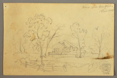 ドローイング、小川沿いの森の中の家、1845年4月 作： フレデリックエドウィン教会