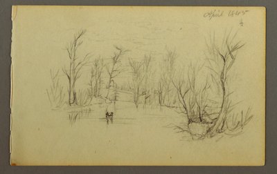 図面、フタキエ（？）池、カヌーに乗る2人、1845年 作： Frederic Edwin Church