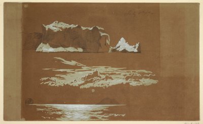 図面、ニューファンドランド、セント・ジョン岬とガル島付近の氷山、1859年7月4日 作： Frederic Edwin Church