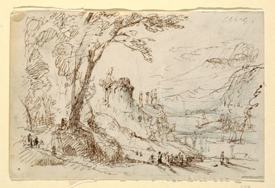素描、古典的遺跡のある想像上の風景、1845年頃 作： Frederic Edwin Church