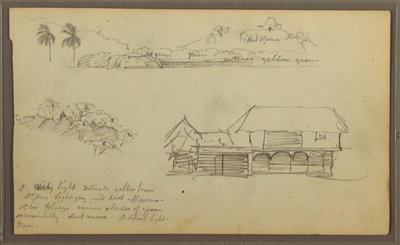 デッサン、風景、木の上、家、1857年 作： フレデリックエドウィン教会