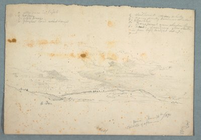 素描「ハドソン渓谷の風景」、裏面：木の身廊のある教会のスケッチ、1870年6月14日 作： Frederic Edwin Church