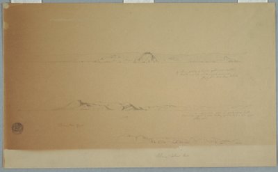 デッサン、フォゴ島付近の風景、ブリムストーン、ヘッド、チェンジ・アイランド・ロック、1869年7月2日 作： Frederic Edwin Church