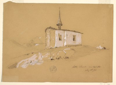 デッサン、「ベルアルプ近くの小さな教会」、スイス、ベルナー・アルプス、1868年8月28日 作： Frederic Edwin Church