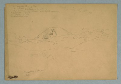 デッサン、3つの山脈の上にそびえるチンボラソと思われる山頂、エクアドル、1857年 作： Frederic Edwin Church