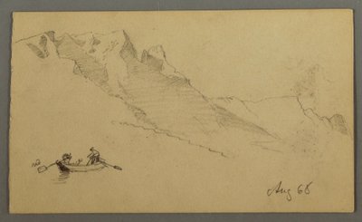 ドローイング、山頂、手漕ぎボートに乗る2人の人物、1868年8月 作： Frederic Edwin Church