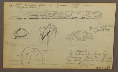 デッサン、「グアヤキルに入る」山脈、裏面：川岸、植物スケッチ、1857年頃か 作： Frederic Edwin Church