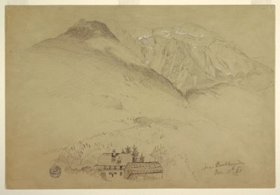 1868年6月28日、バイエルン州ベルヒテスガルデン近郊のゴエル山とブレット山のドローイング 作： Frederic Edwin Church
