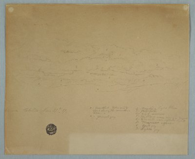デッサン、曇り空から山の稜線に降る雨（エクアドル、ハシエンダ・チヨ、1857年7月27日 作： Frederic Edwin Church