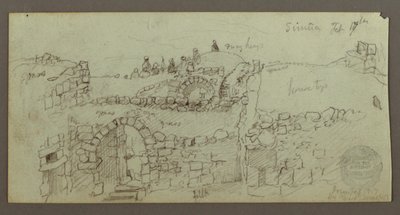 ドローイング、石造りの建物、屋根の上に集まる男たち（1868年2月17日撮影）。 作： フレデリックエドウィン教会