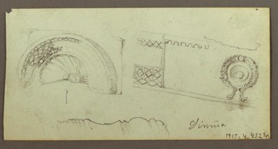 ドローイング、石造りの建物、屋根に集まる男たち（1868年2月17日撮影）。 作： Frederic Edwin Church