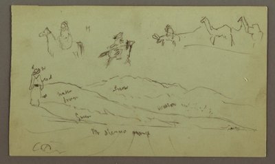 素描、ロバとロバに乗った人物の習作、丘陵上の人物、おそらく1868年 作： Frederic Edwin Church