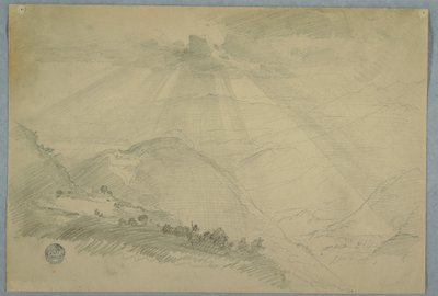 1865年7月、ジャマイカ、山の渓谷の雲間から太陽が炸裂するドローイング 作： Frederic Edwin Church