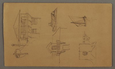 素描、木造家屋、2隻の帆船、屋根の研究、おそらく1868年 作： フレデリックエドウィン教会