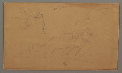 素描、木造家屋、2隻の帆船、屋根の研究、おそらく1868年 作： Frederic Edwin Church