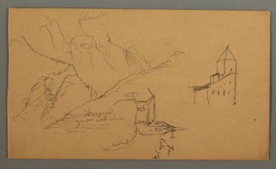 素描、2つの教会、谷、滝、1868年 作： フレデリックエドウィン教会