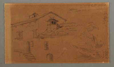 ドローイング、二つの家、岩、おそらく1868年 作： フレデリックエドウィン教会