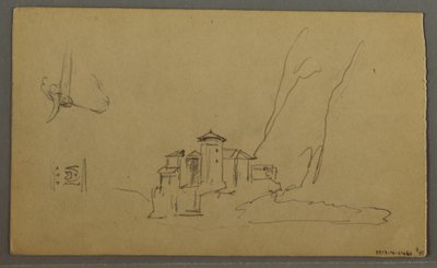デッサン、谷、教会、ザンクト・ギルゲン オーストリア、おそらく1868年 作： Frederic Edwin Church