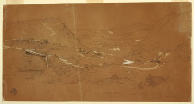 図面、橋と家々のある谷（エクアドル、グアランダ近郊、1857年6月5日 作： Frederic Edwin Church