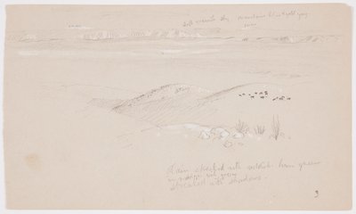 デッサン、丘陵と平原を横切って山脈に向かう眺め、エル・イエメンの谷、1868年2月 作： Frederic Edwin Church