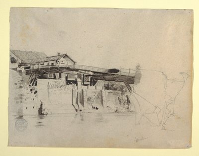 デッサン、ホンダの橋と家々の眺め、コロンビア、1853年 作： フレデリックエドウィン教会