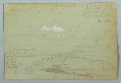 デッサン、キト近郊からのアルティサナ火山の眺め、山の稜線上の曇り空、エクアドル、1857年6月23日 作： フレデリックエドウィン教会
