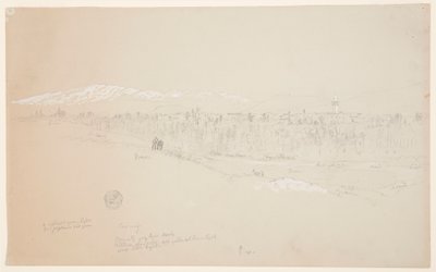 デッサン、クセイエ村、遠くにレバノン山、1868年5月 作： Frederic Edwin Church