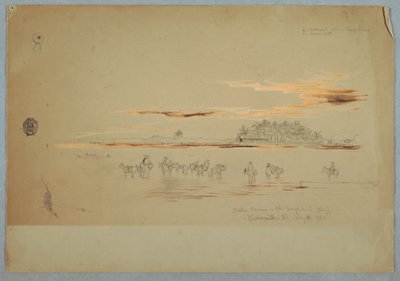 1853年5月2日、ヌエバ・グレナダ共和国（現コロンビア）、バランキージャ、マグダレナ湾の水上運搬船。 作： フレデリックエドウィン教会