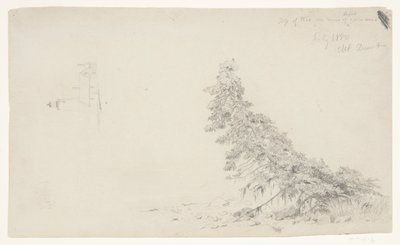 灯台の詳細と家、マウント デザート、メイン州の海岸近くの常緑樹 作： Frederic Edwin Church