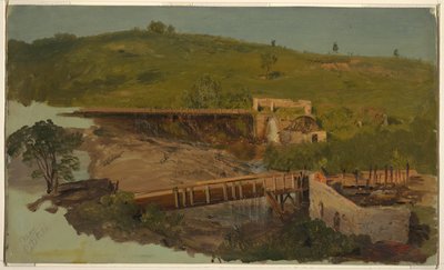高架橋と台無しにされた工場のある丘、キャッツキル、ニューヨークの近く 作： Frederic Edwin Church