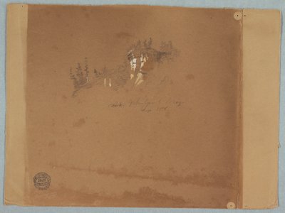 木と岩を示すワールプールの近くのナイアガラ 作： Frederic Edwin Church