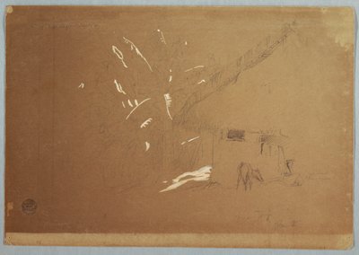 エクアドルのジョルジェ近くの家の前に座る女性と放牧されたロバ 作： Frederic Edwin Church