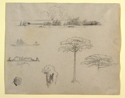 コロンビアからのスケッチ: 川の風景、いかだに乗った男たち、そして木々 作： Frederic Edwin Church